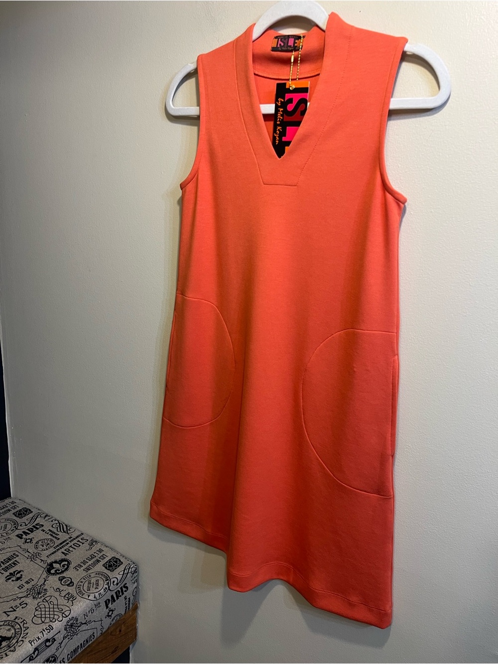 Papaya Coral-Orange Sleeveless V-Notch Shift Dress